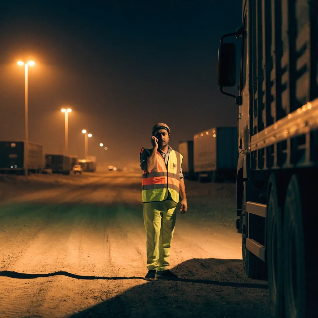 Freight traffic on a Gulf road corridor after dark, lit by street lamps