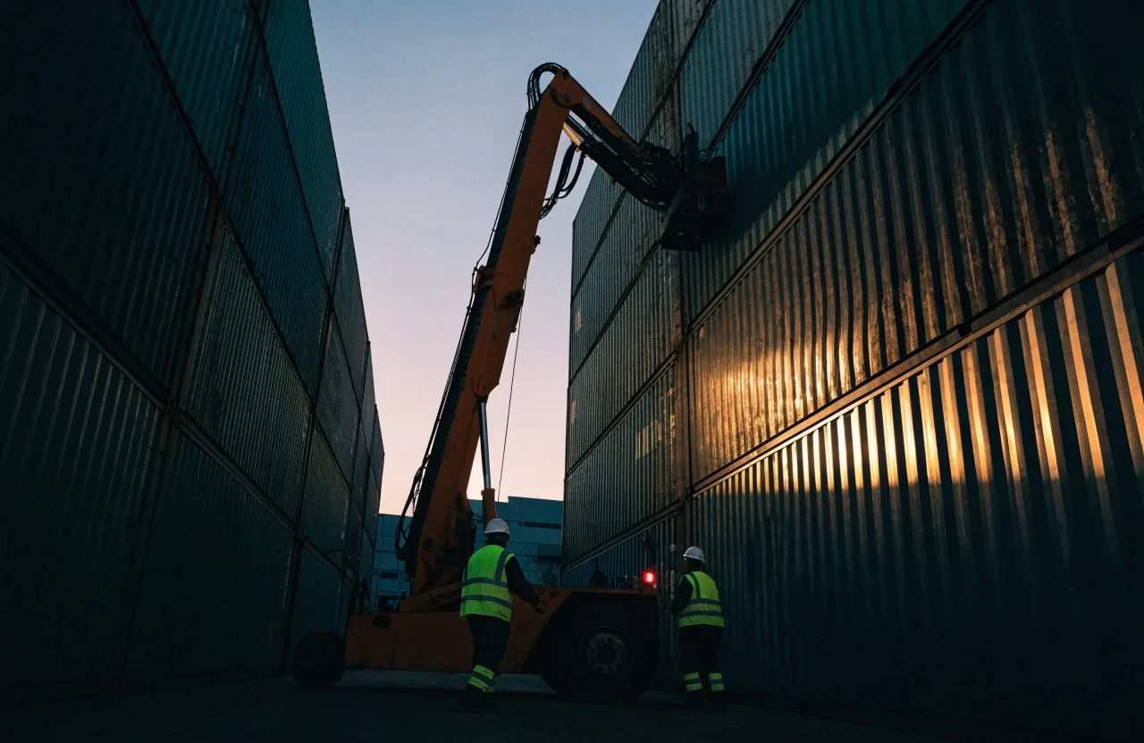 Container port apron at dusk in the Gulf with stacked containers and a reach stacker under floodlight