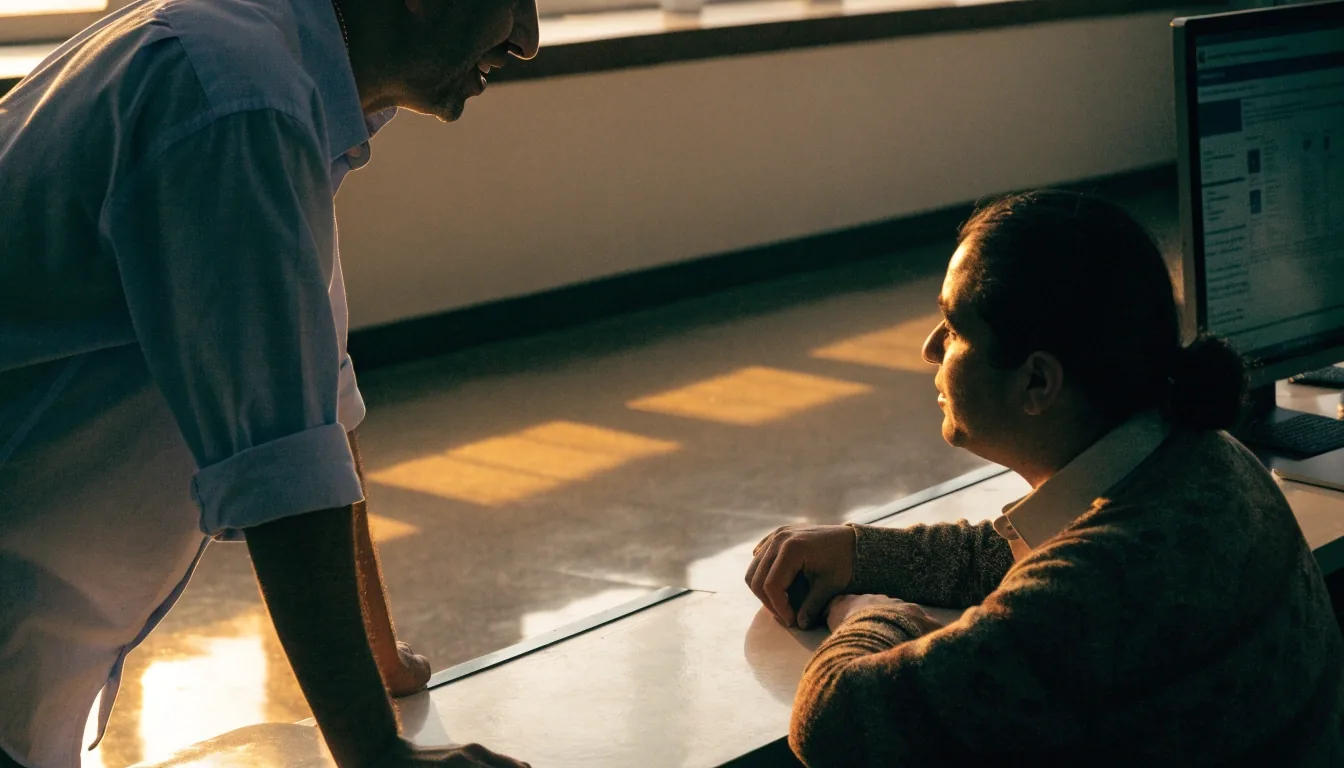 Staff desk inside a Gulf government service office lit by warm late-afternoon window light