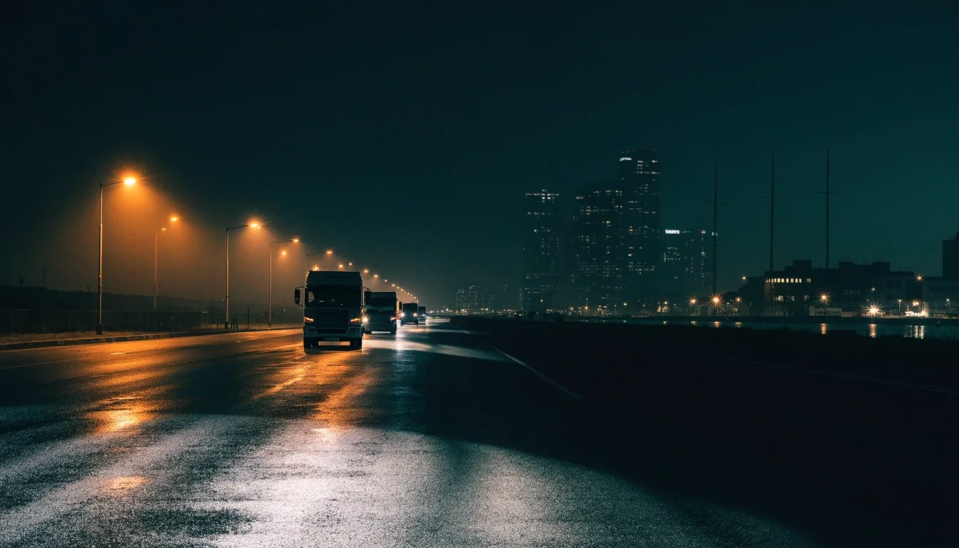 Trucks moving along a night freight corridor under warm street lighting on the edge of a Gulf city
