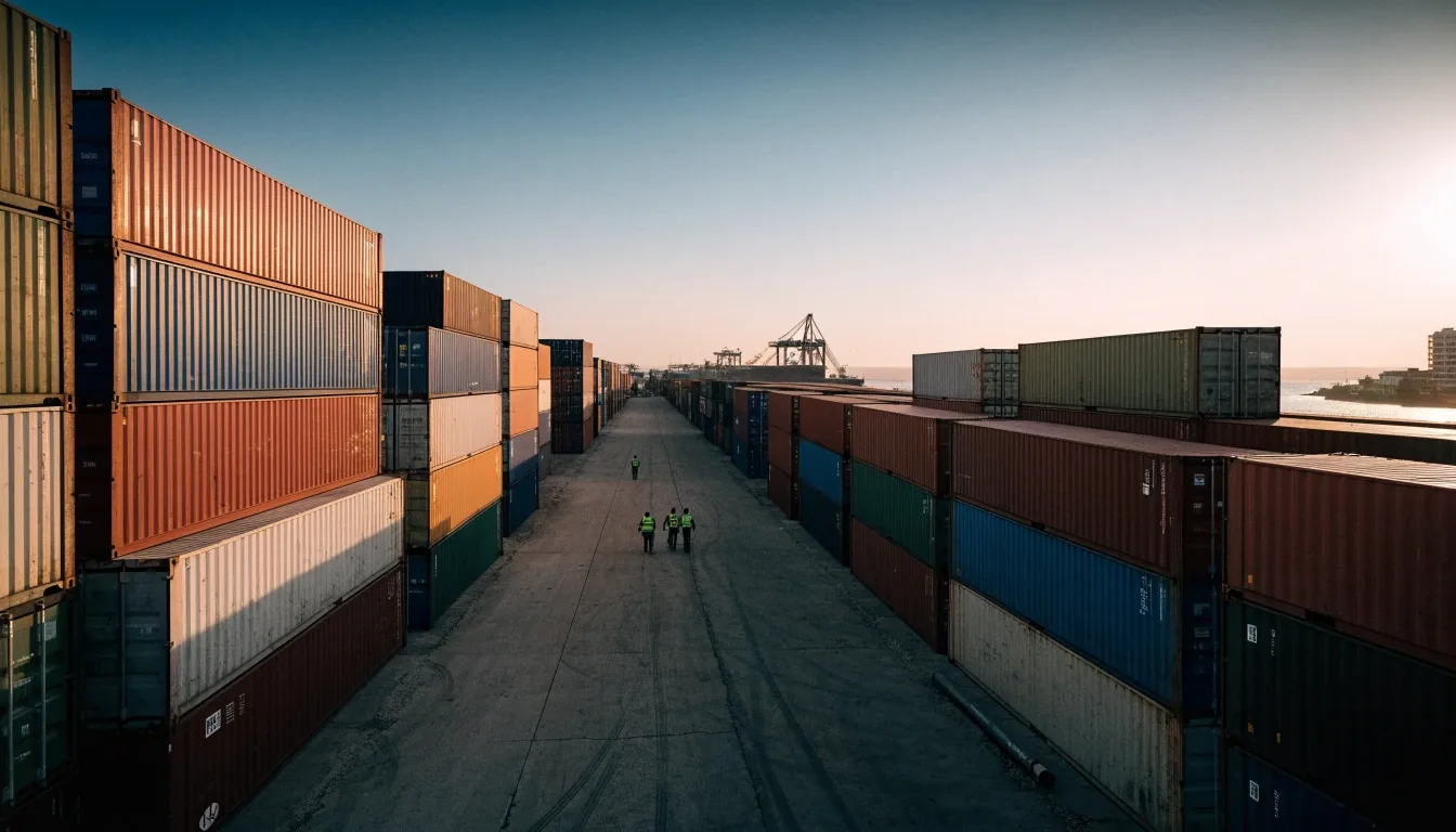 Container stacks on a Gulf port apron at dusk, warm light catching the metal edges between long shadows