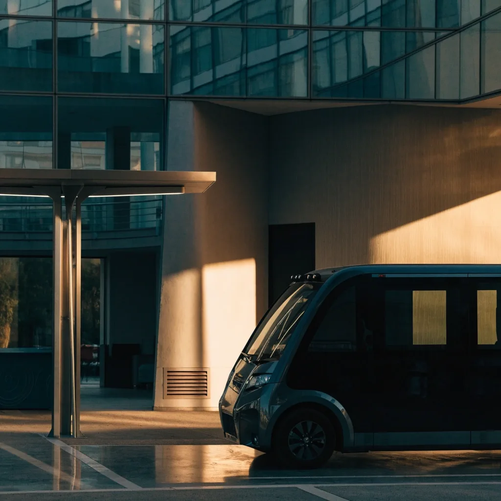 Empty driverless shuttle bay on a Gulf campus in low afternoon sunlight, long shadows across the paved bay