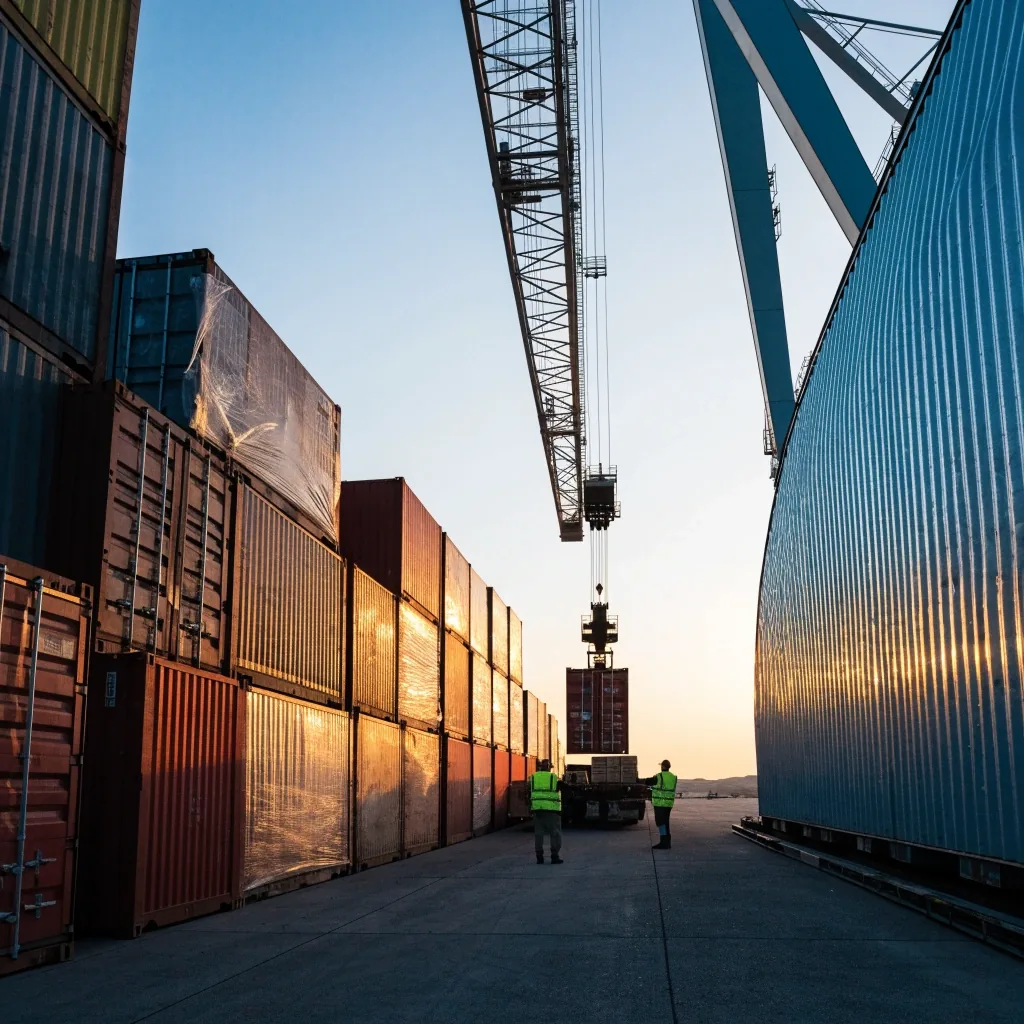 Gulf port apron at dusk with stacked containers and gantry cranes in warm low sun