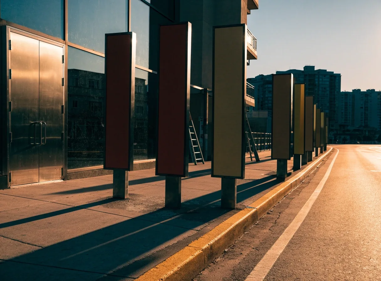 Street corner in a Gulf city at golden hour with freshly installed blank signage posts along the kerb