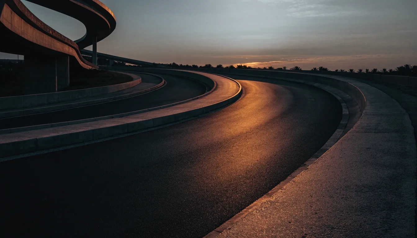 Coastal highway curve in the Gulf at dusk with palm silhouettes against a warm horizon