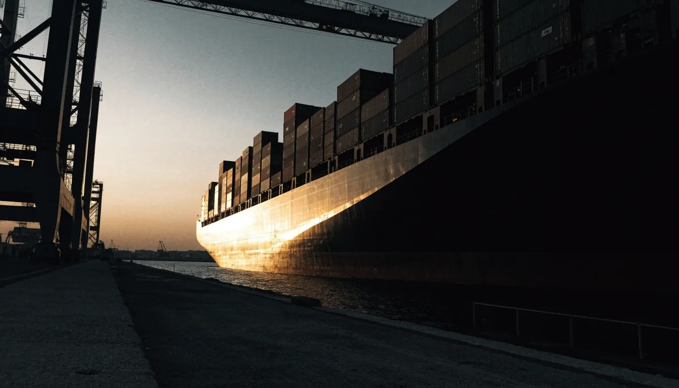 Container terminal at dusk with stacked containers and cranes in silhouette