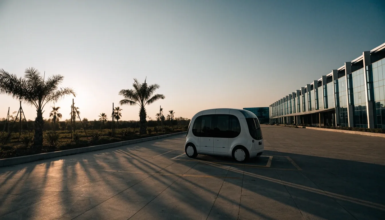 Driverless shuttle parked at a campus bay in low warm sunlight