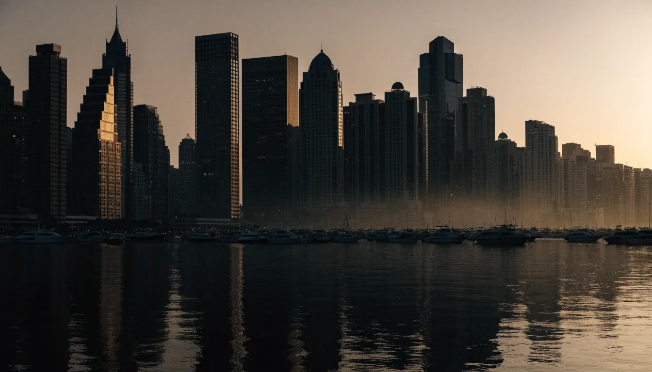 Gulf skyline in warm early-evening light seen from near the water