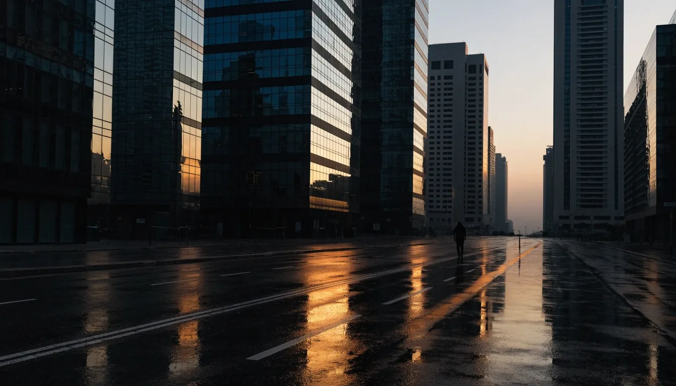 Trading district street in the Gulf at dusk with warm reflections on office fronts