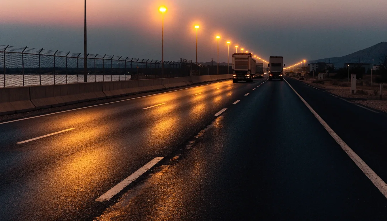 A Gulf highway at dusk with trucks moving under warm street lighting