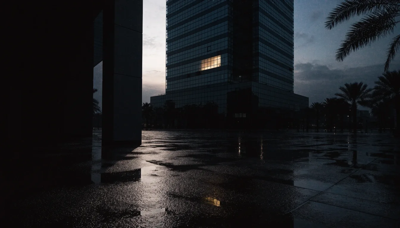 A Dubai Media City tower at dusk seen across a wet plaza, one window lit warm