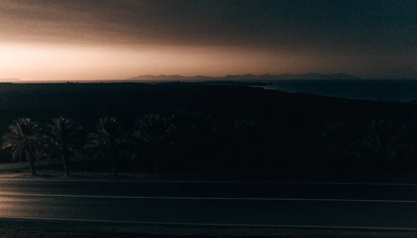 Gulf coastal road at dusk seen from an elevated vantage, warm horizon light and deep shadow in the mid-ground