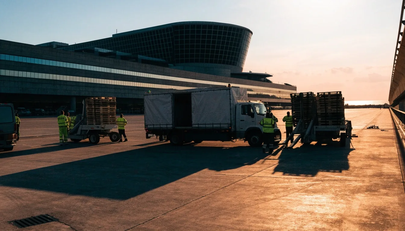 Freight and service vehicles on an airport apron at dusk