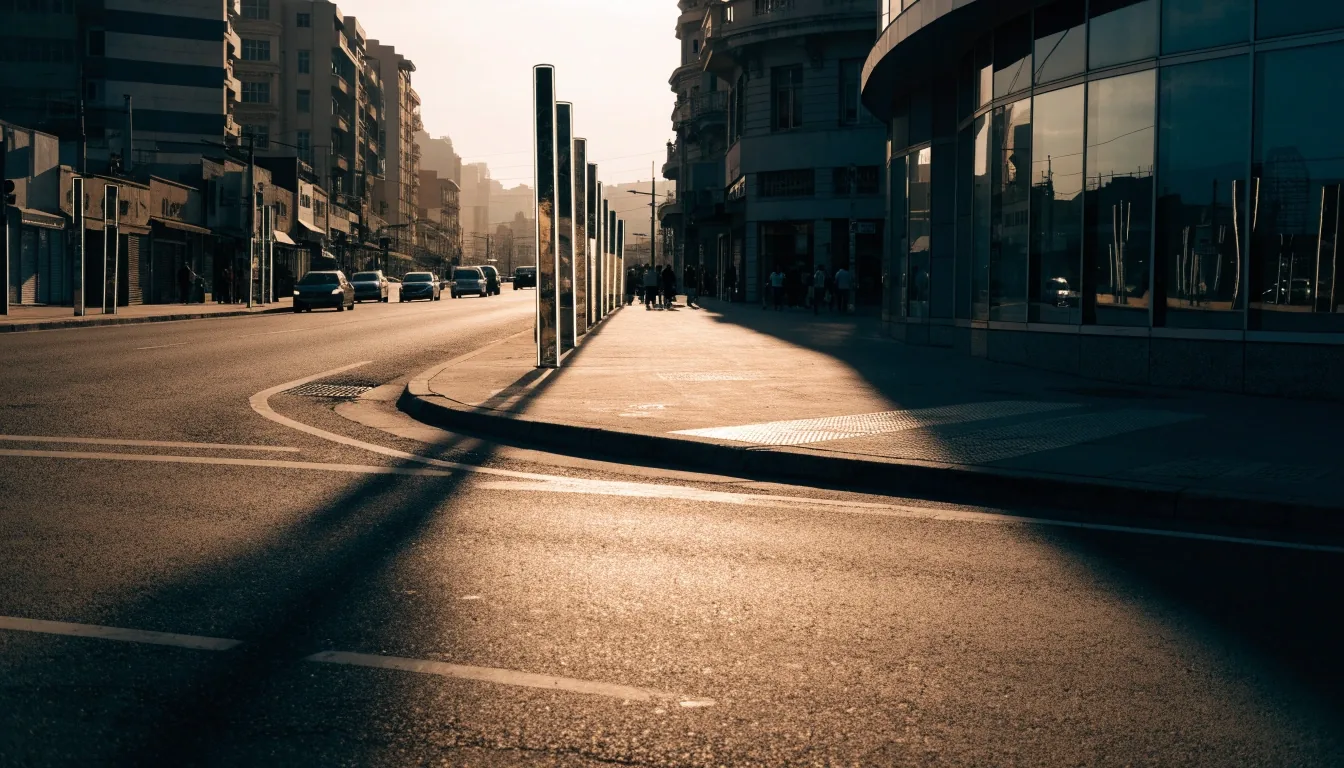 Newly installed signage posts on a Dubai street corner at golden hour