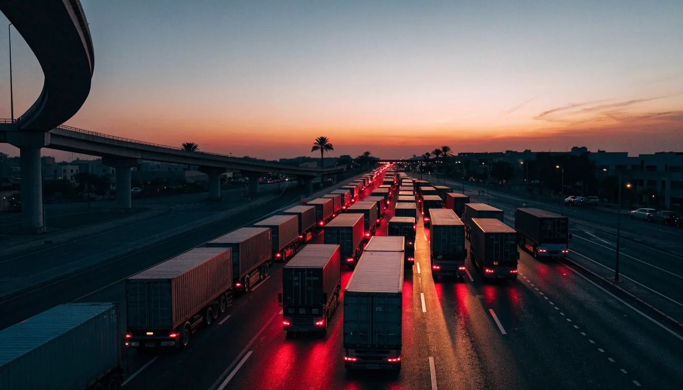Trucks moving along a Dubai freight corridor at dusk