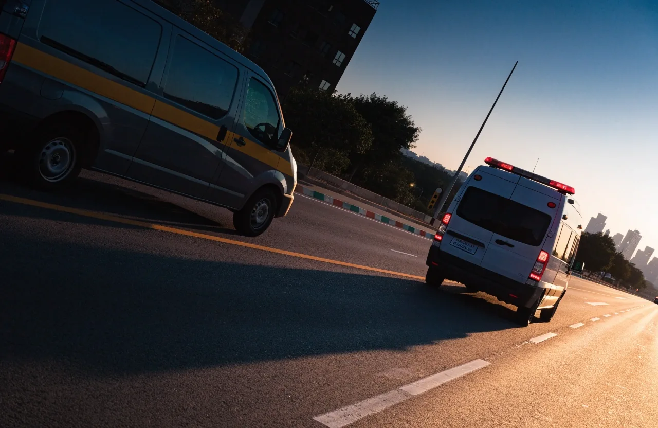 An ambulance and a municipal service van passing a quiet junction on a Gulf road at last light