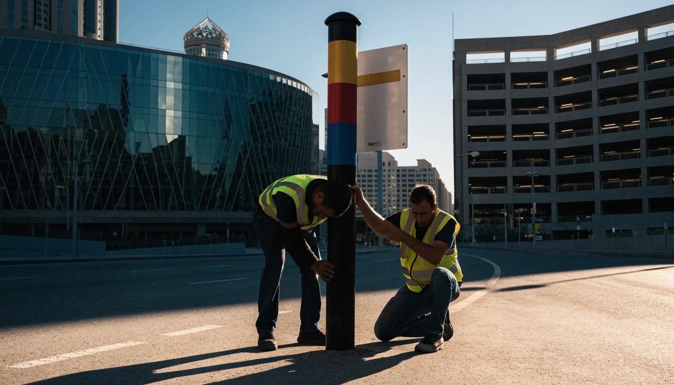 Newly installed signposts at a Dubai street corner in late afternoon light