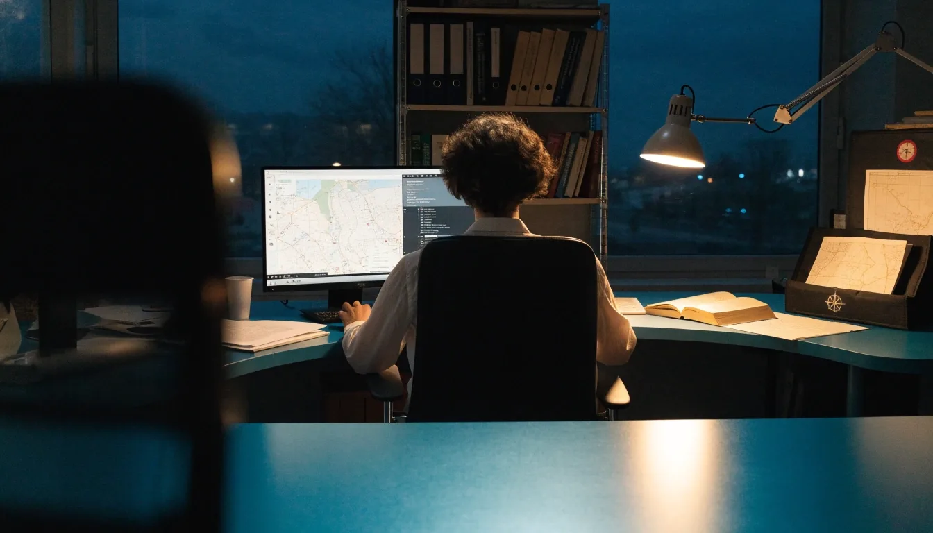 Editorial desk workspace at NavigationInf seen from behind under warm lamp light