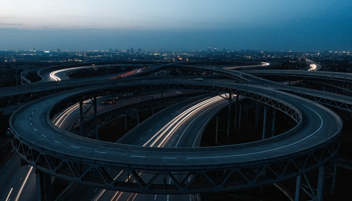 Aerial view of a coastal Gulf highway curve at dusk