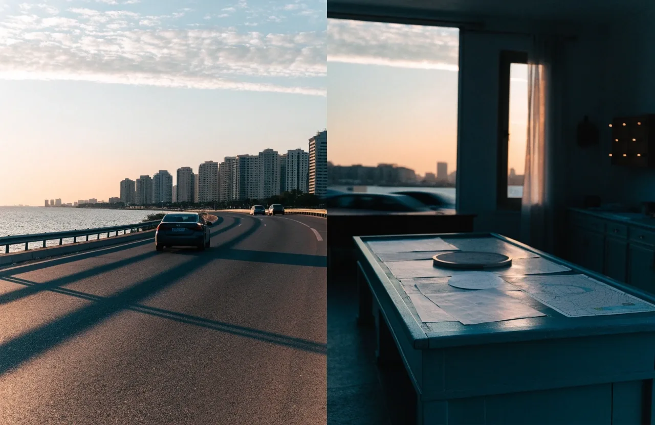 Freight trucks moving along a Dubai arterial road at dusk