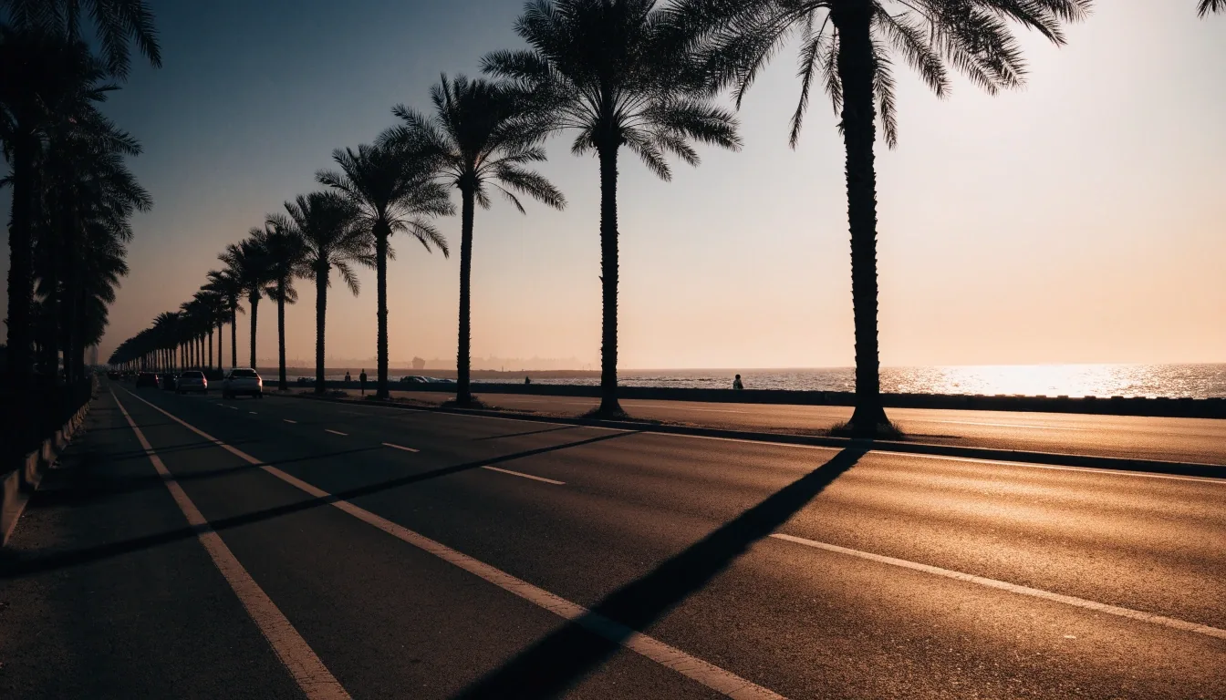 Gulf highway interchange at dusk seen from an overpass, palm silhouettes in the foreground