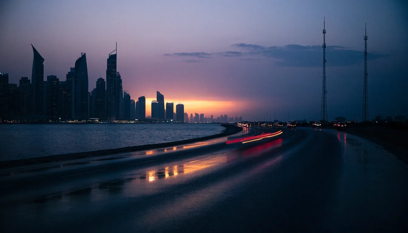 Gulf skyline at dusk seen from a low vantage near the water