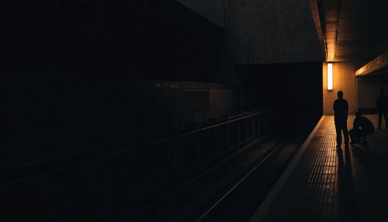 Metro platform edge at last light with figures in silhouette
