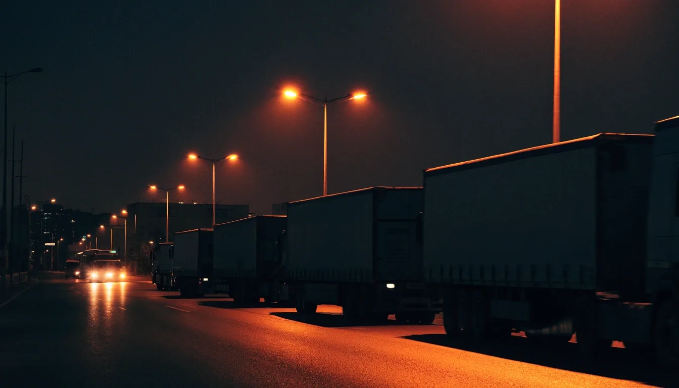 Night freight corridor with trucks moving under warm street light