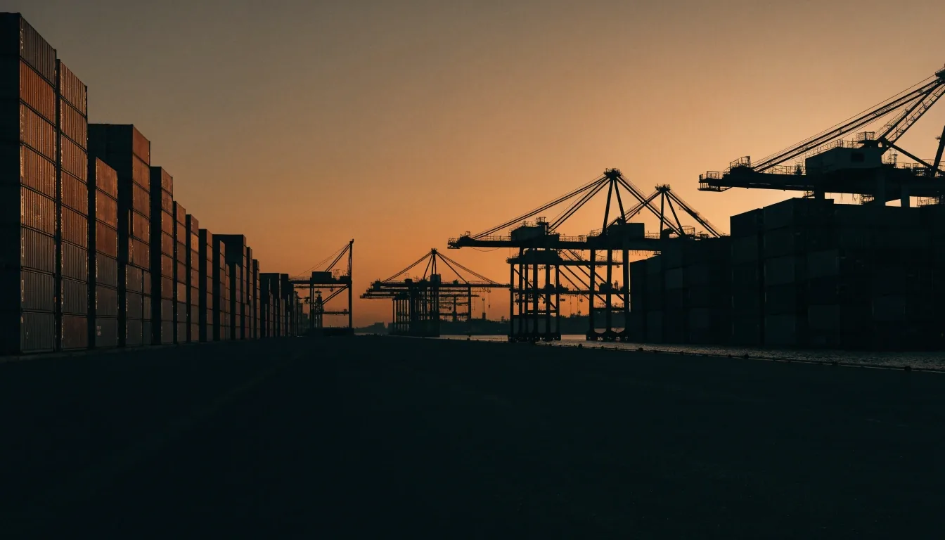 Quiet Gulf container port at dusk with stacked containers