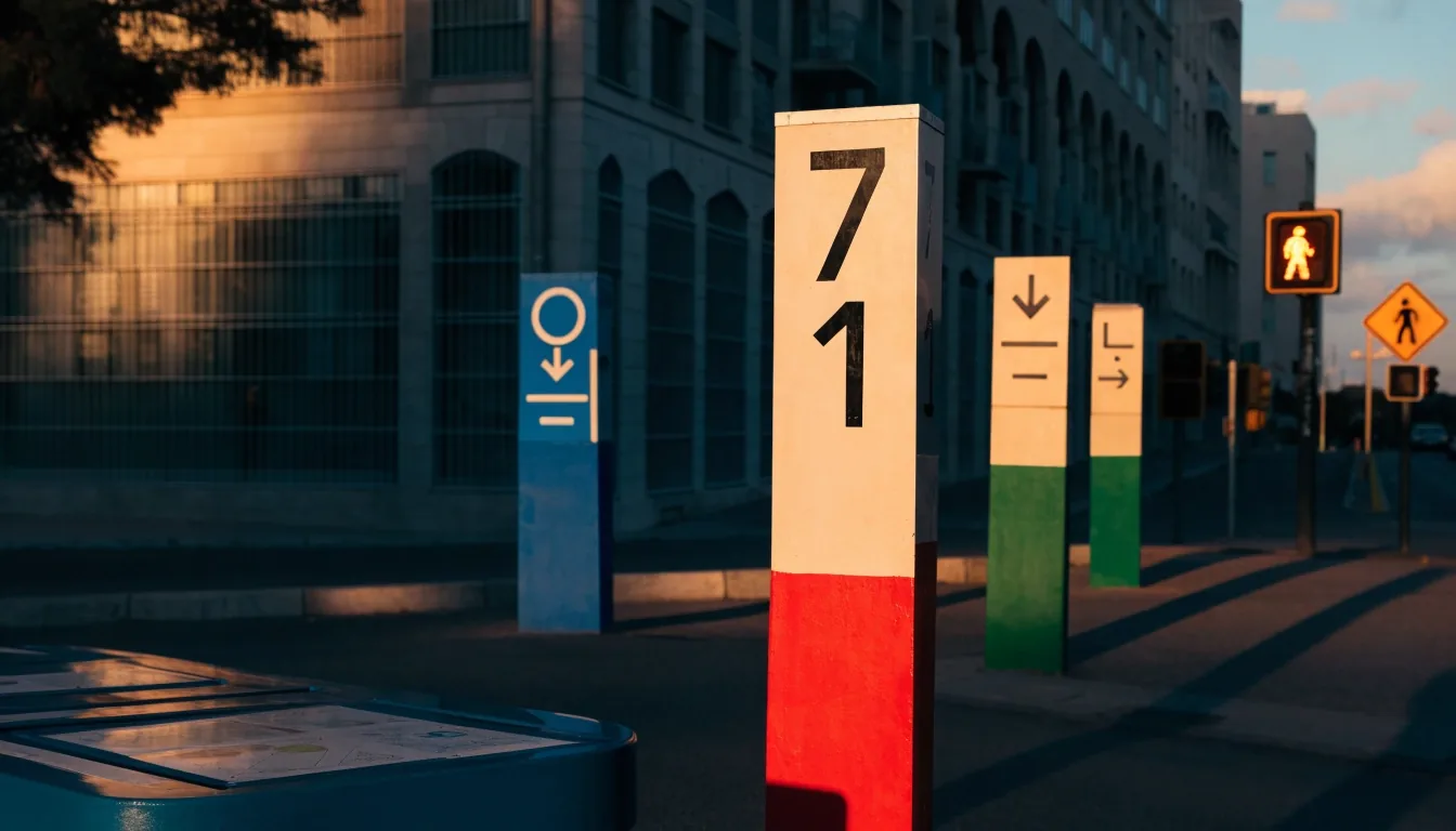 Street corner with fresh colour-coded addressing posts at golden hour