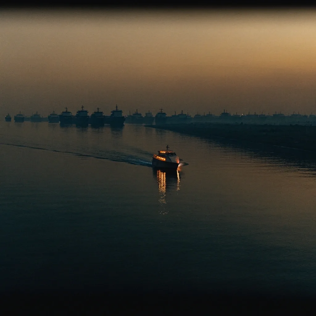 A security patrol vessel moving through a dark shipping lane at dusk with anchored cargo ships on the horizon