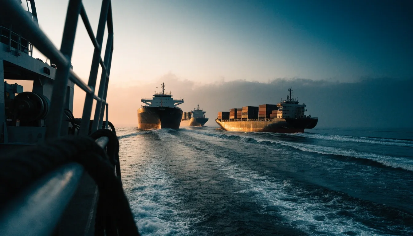 Cargo and tanker vessels strung along the Strait of Hormuz shipping lane at dusk, seen from a headland above the water