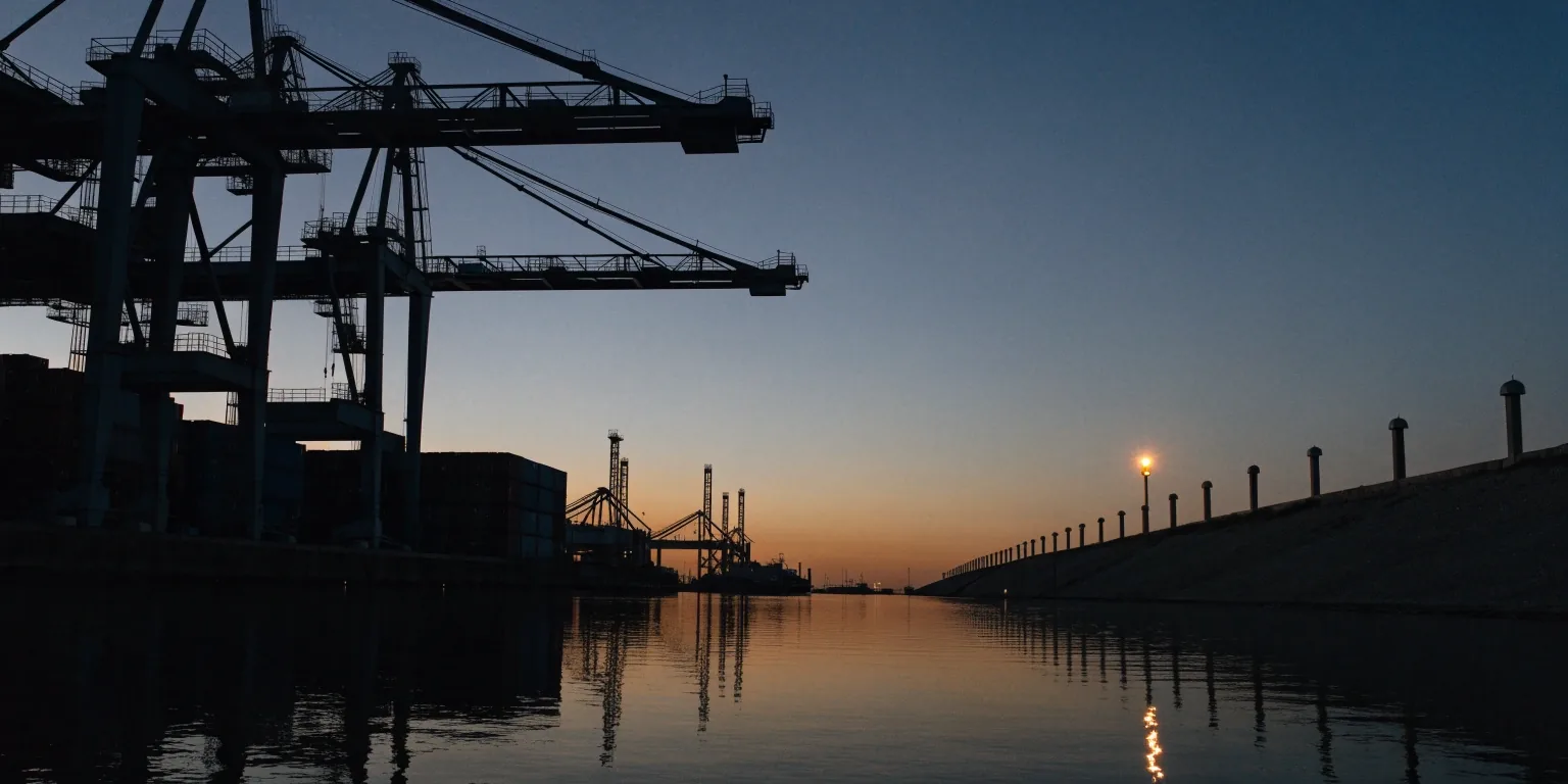 Coastal industrial shoreline at dusk with container cranes and jetty posts in silhouette against a dim warm horizon