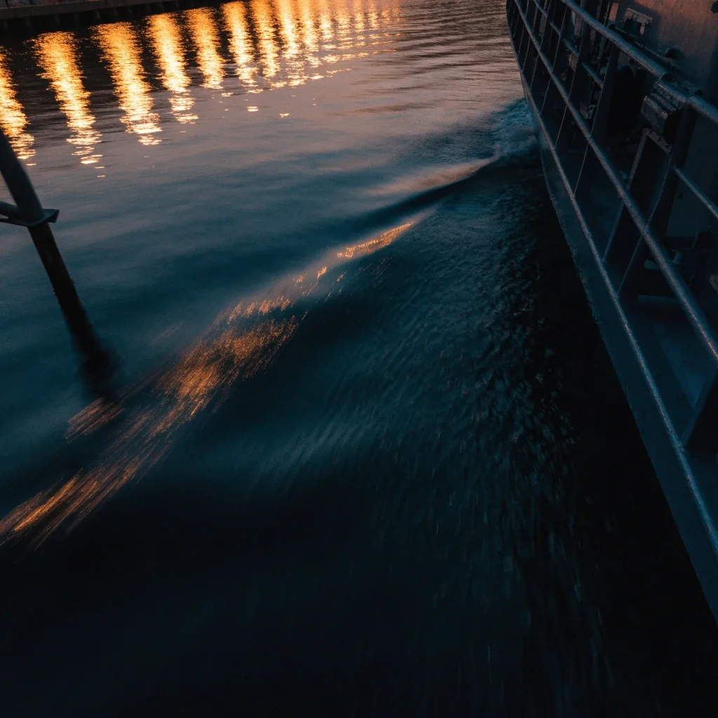 Dark water beside a ship hull at dusk with amber dock lights reflected across the surface