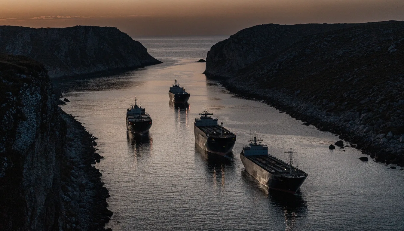 Merchant vessels holding a narrow channel between two dark shorelines at dusk in the Strait of Hormuz