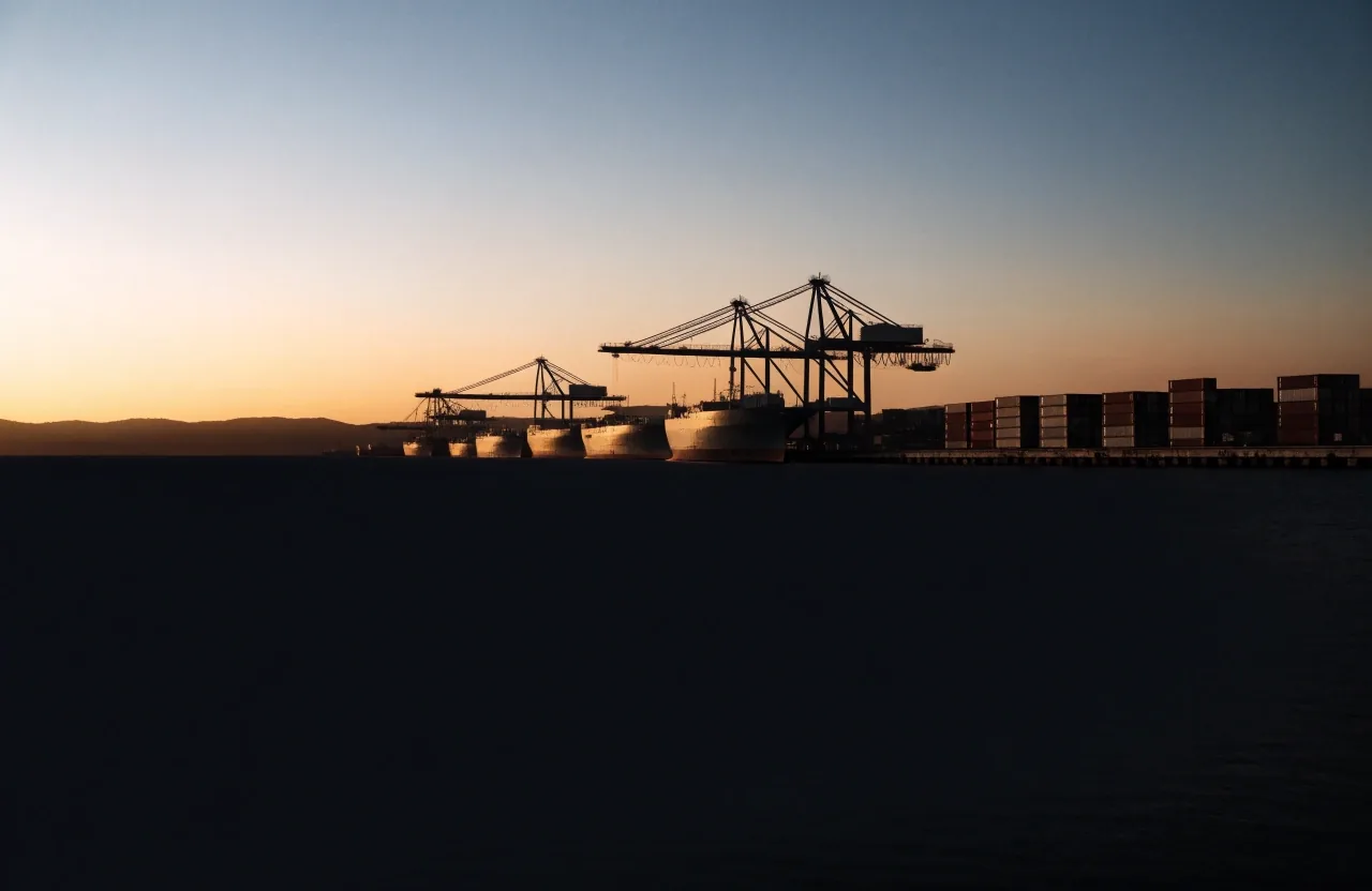 Shipping containers and gantry cranes in silhouette on a Gulf port quayside at dusk, seen from across the water