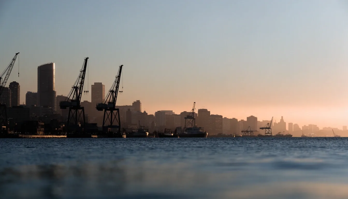 Container terminal apron at dusk with stacked containers under warm lamp light