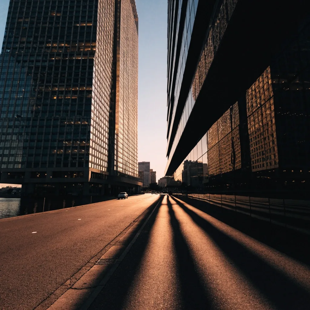 Downtown Gulf corridor at last light with warm window key and deep shadow between the towers