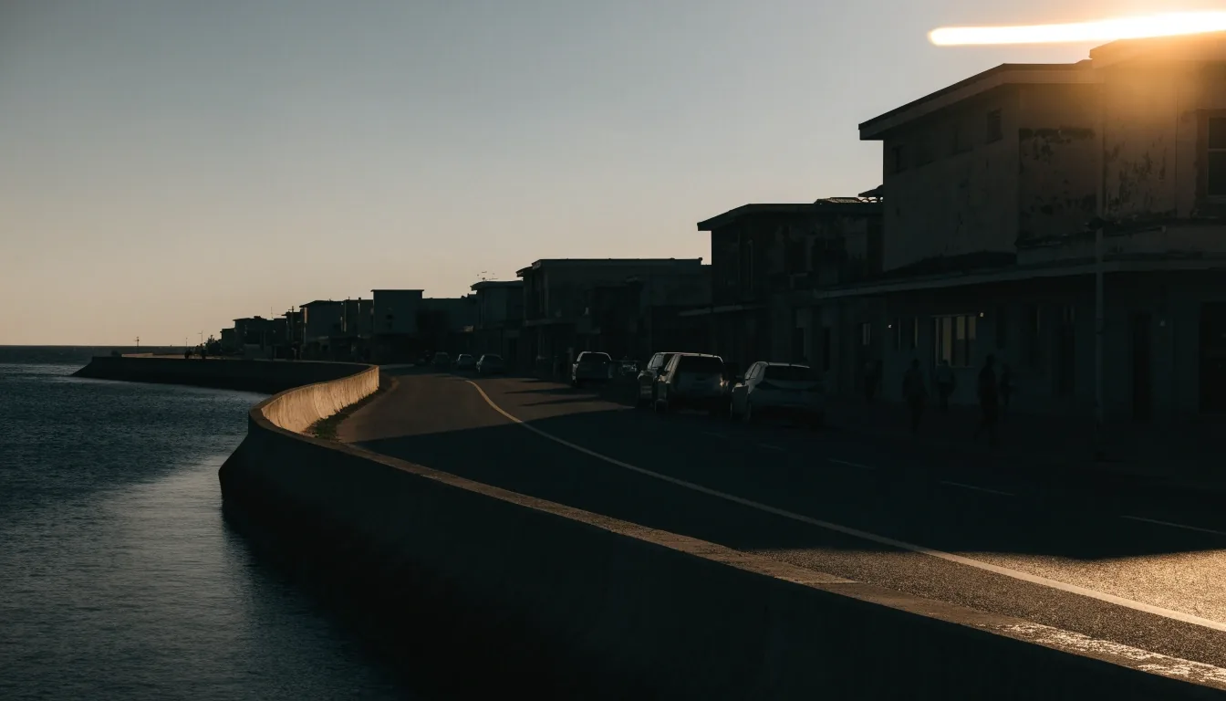 Gulf city skyline and coastal road at six in the evening, seen low from near the water