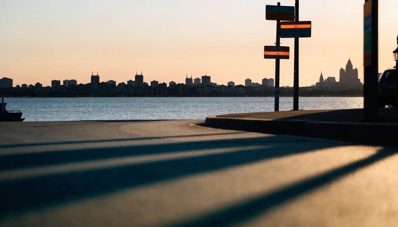 Street corner in a Gulf city at golden hour with new colour-coded signage posts