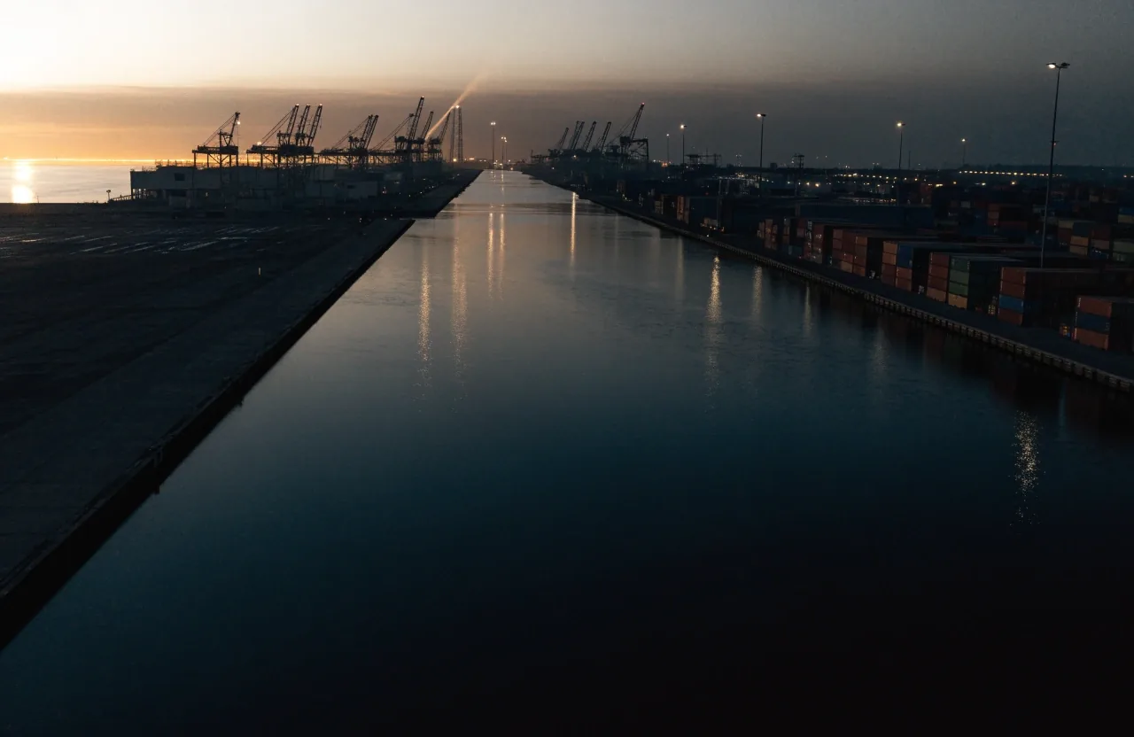 Gulf port approach channel at dusk with cargo cranes in deep shadow and warm light on the horizon
