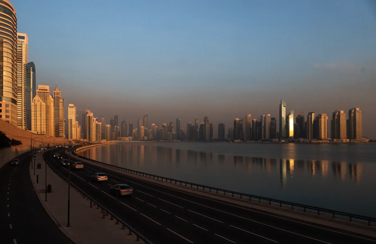 Gulf coastal highway interchange at dusk seen from an overpass, long shadows crossing the carriageway