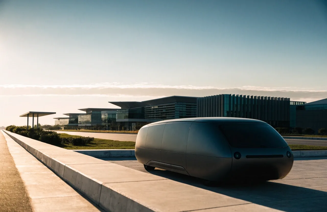 Driverless shuttle parked at a Gulf campus stop in low sun