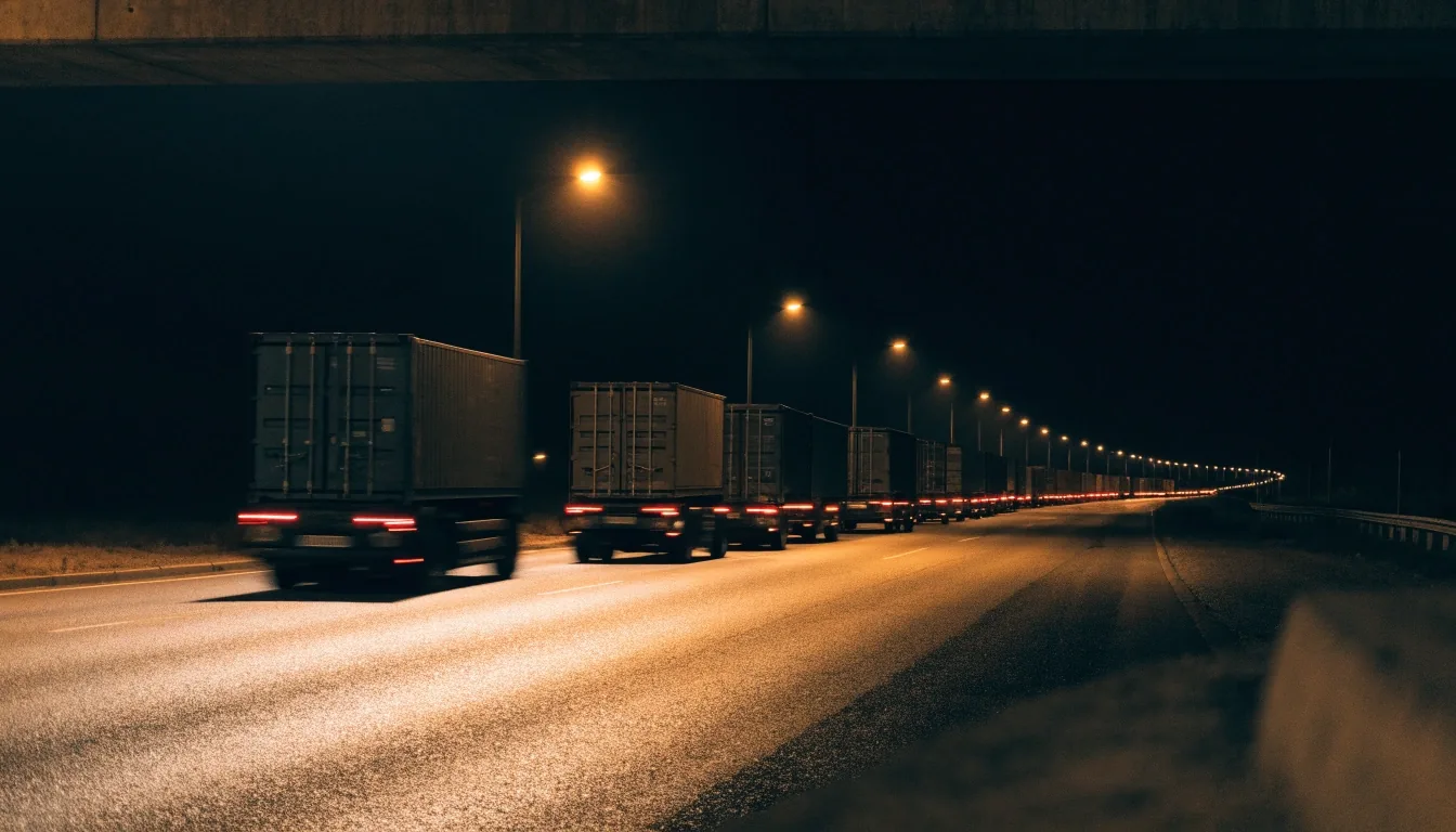 Freight trucks moving along a Gulf corridor under warm street light at night
