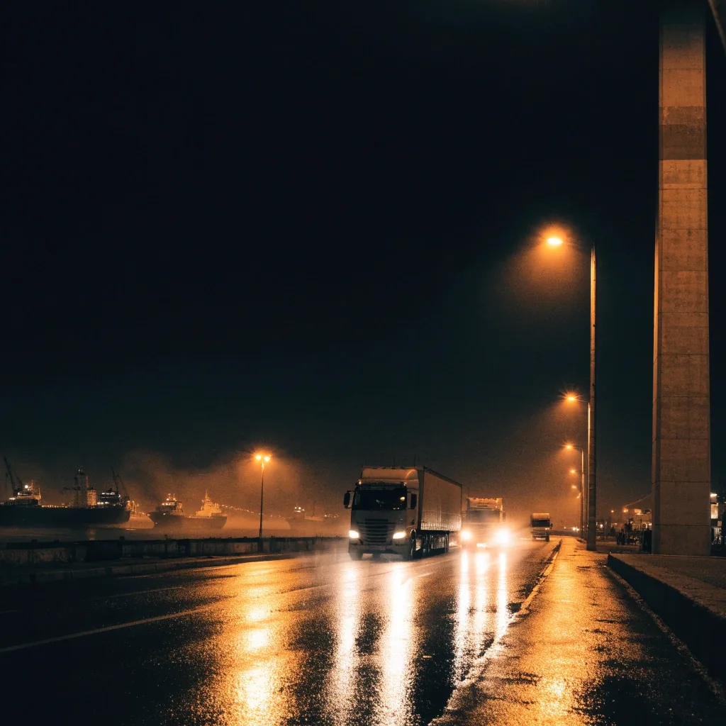 Gulf street at night seen from a moving vehicle, warm lights receding into deep shadow