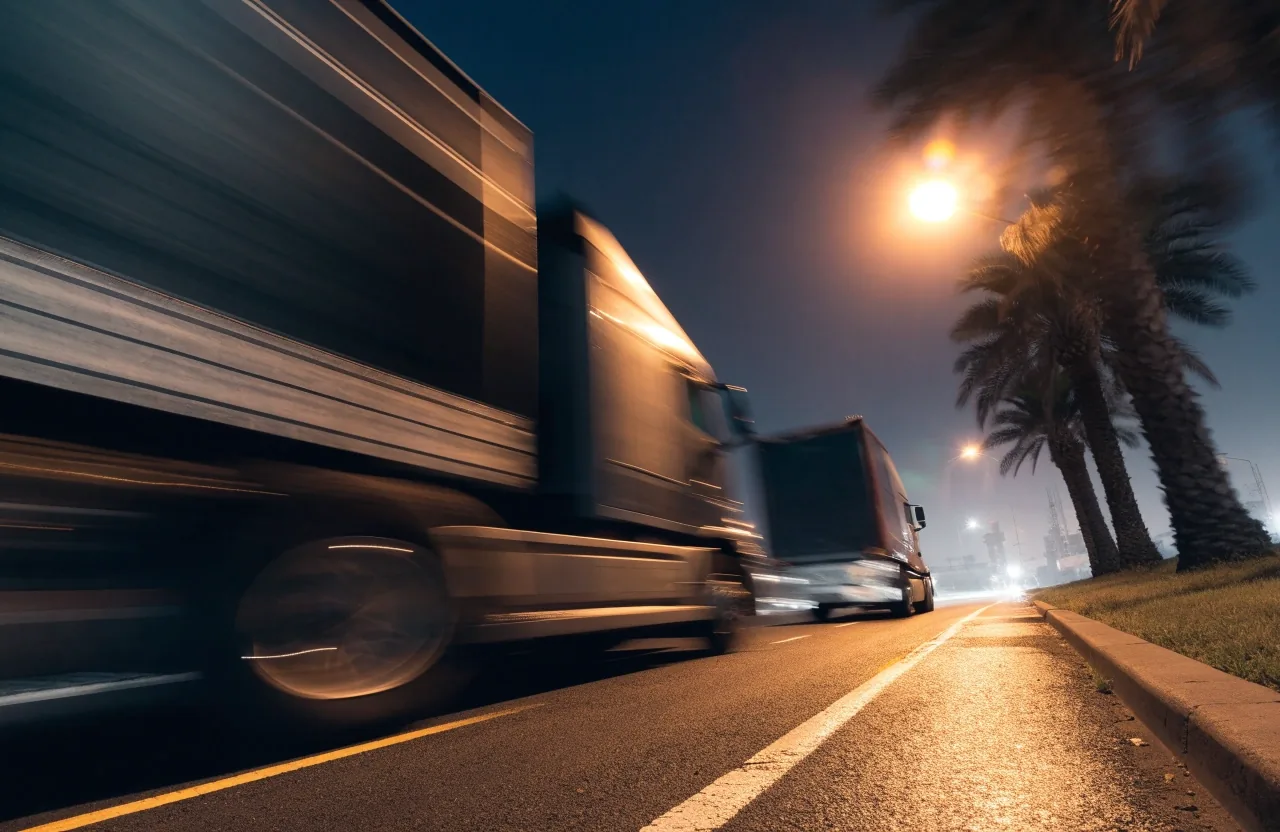 Heavy goods vehicles queuing on a wide Dubai road at dusk