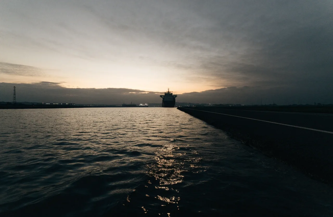 Open shipping lane seen from a low vantage on a Gulf waterway at dusk