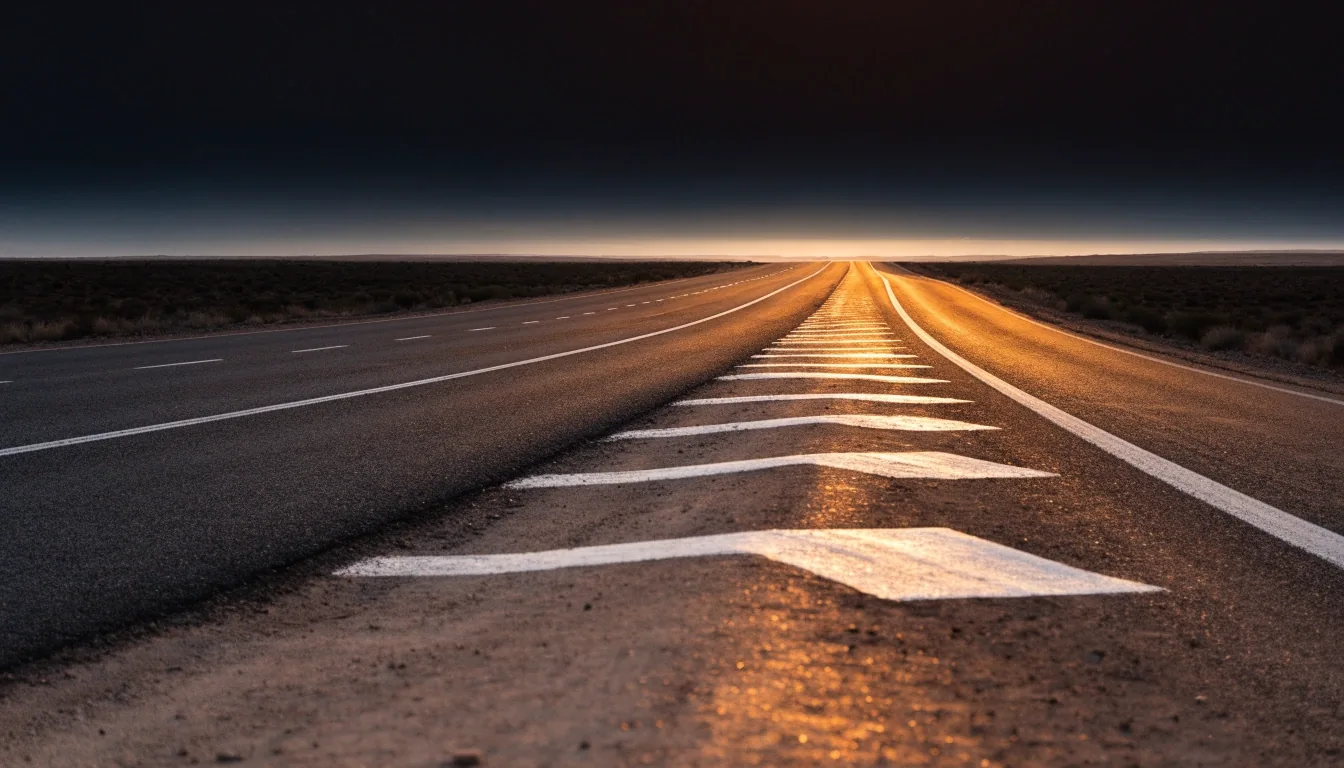 An empty Gulf highway at first light, lane markings stepping toward a hazy horizon