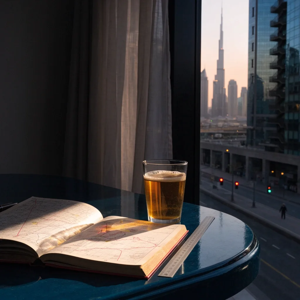 An editorial desk near a window in Dubai with a road atlas and a glass of tea