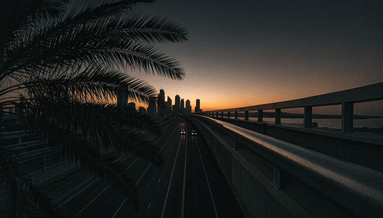 Coastal Dubai highway corridor at dusk seen from an overpass, low-key grade with warm horizon light